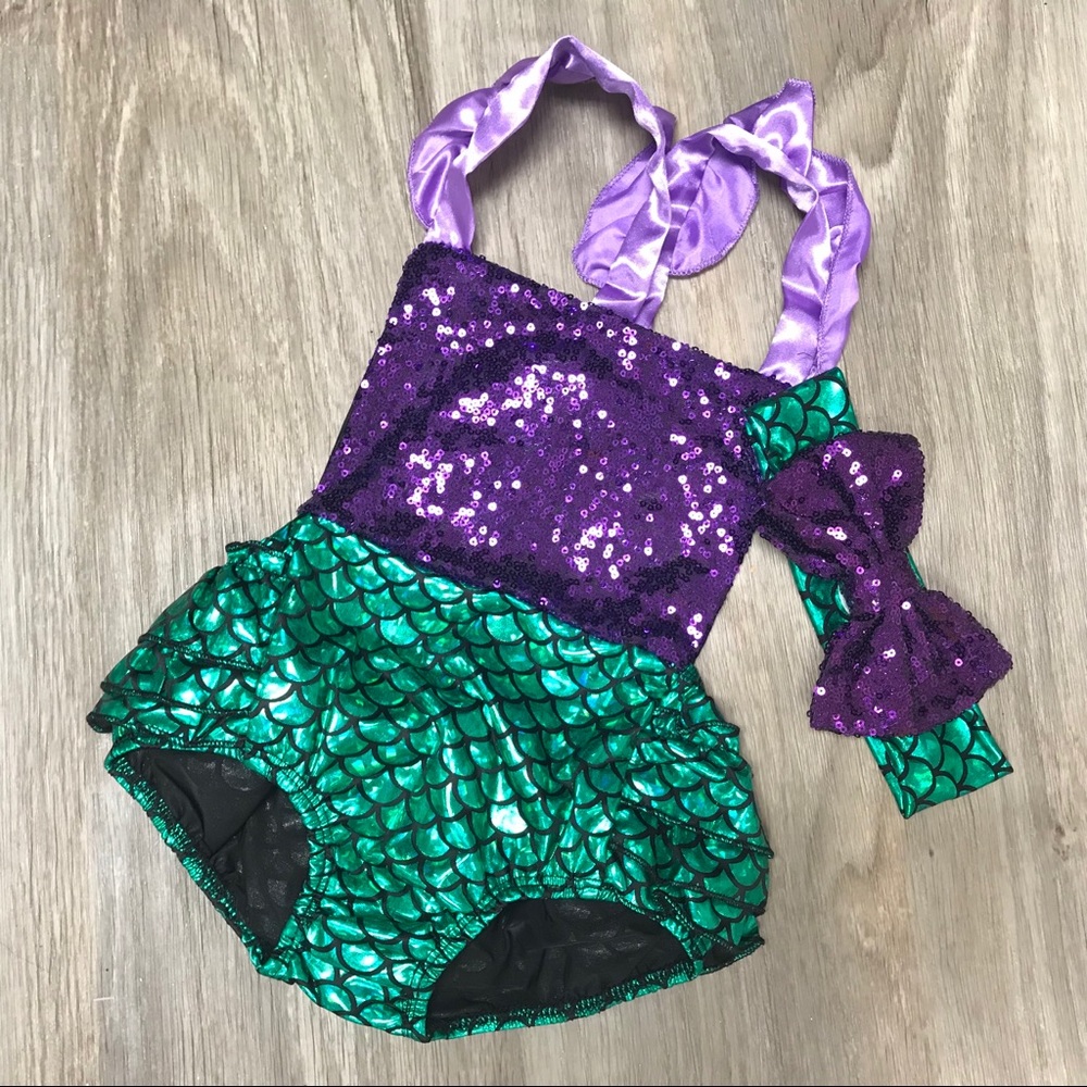 Purple Green Glitter Mermaid Romper Bling Baby Bow